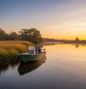 A small fishing boat docks in a calm river at sunrise, where golden light reflects on marsh grass and still Florida water. 